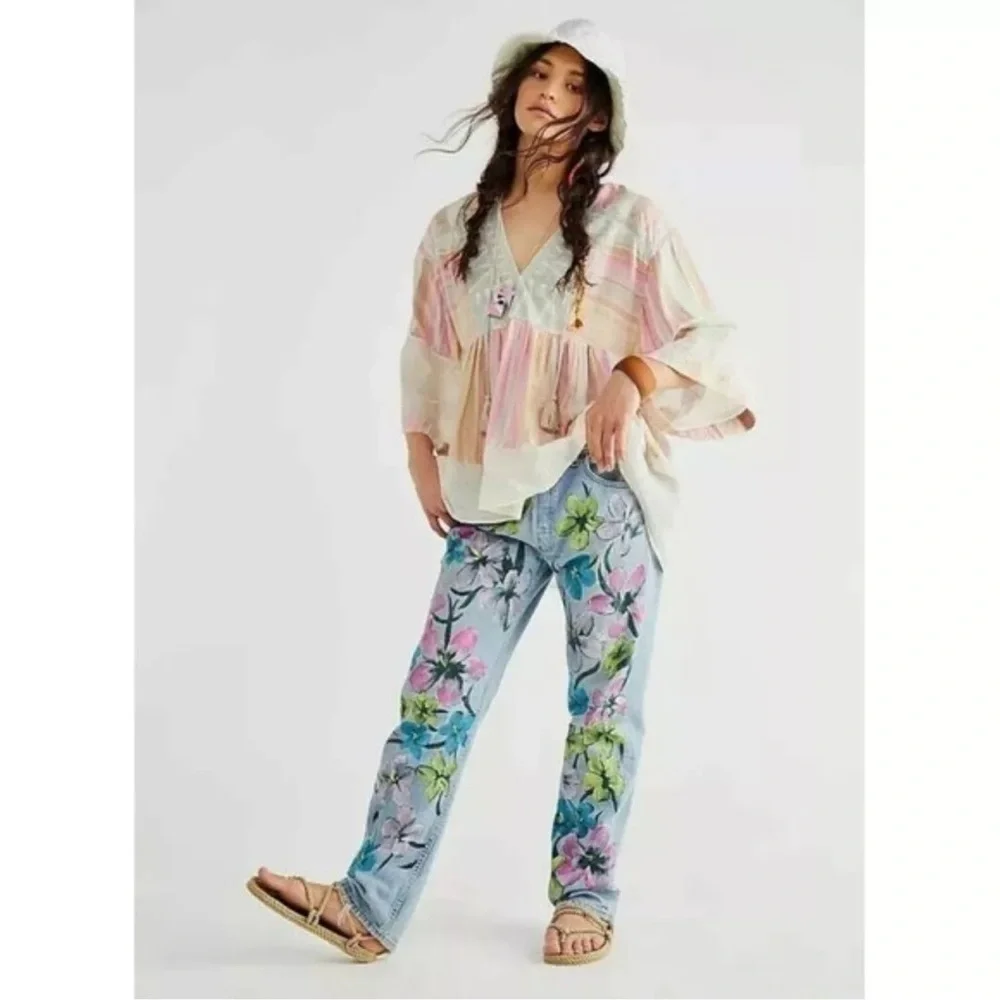 Free People  boho Spring  Embroidered colorful Fun striped Tunic Top RARE!